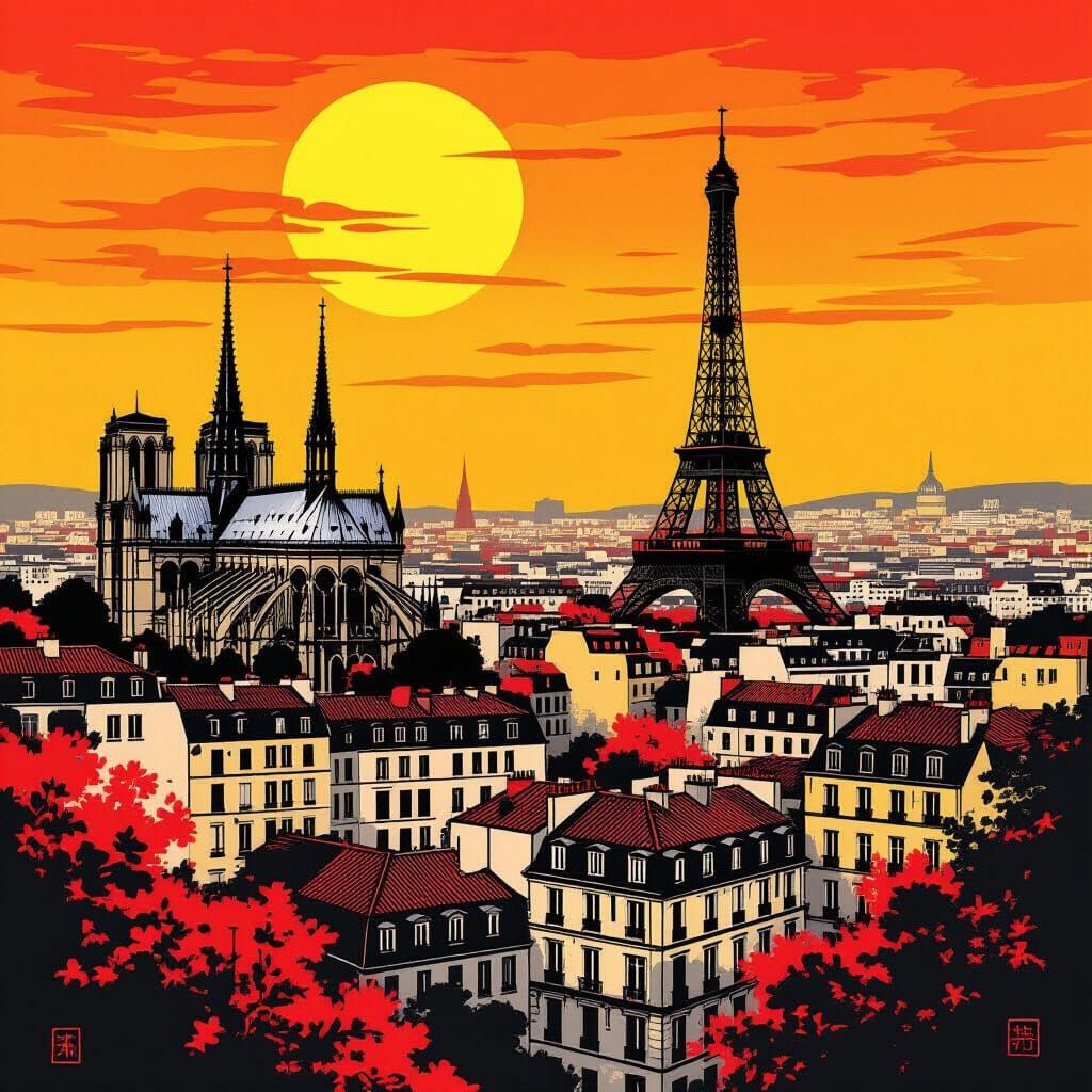 Fiery Paris Skyline in Chinese Art Style