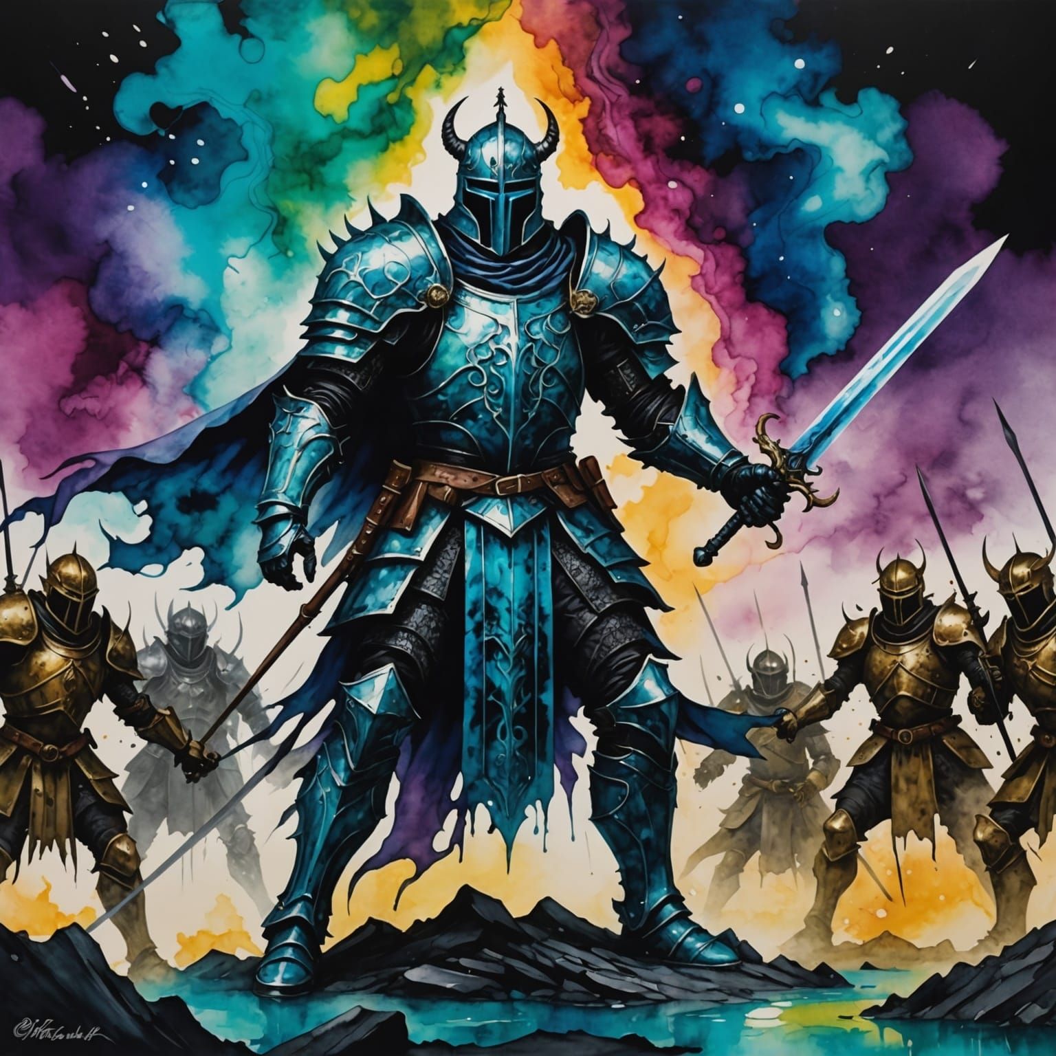 Spectral Knight Fighting Demons in Alcohol Ink Style
