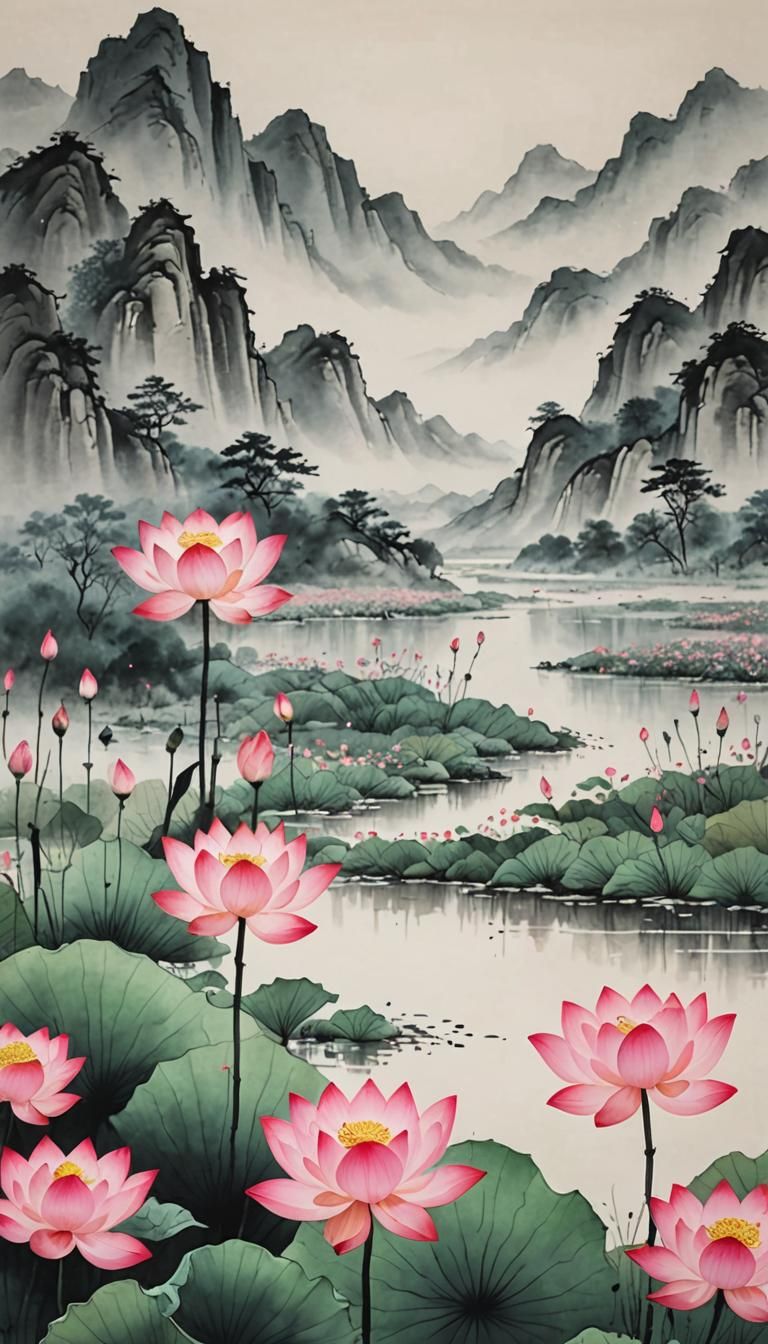 Pink Lotus Flower Field in Chinese Ink Style