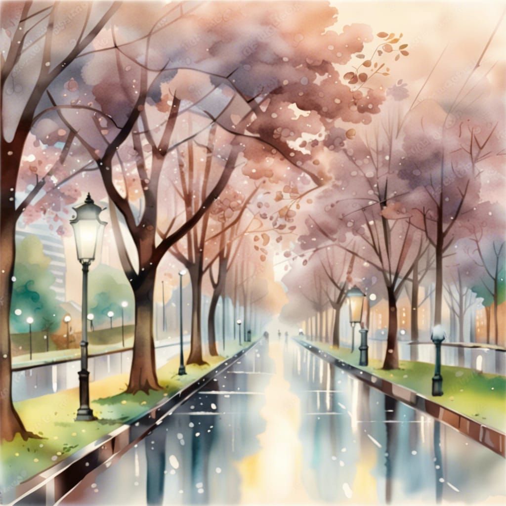 City Boulevard After Rain in Watercolor Style