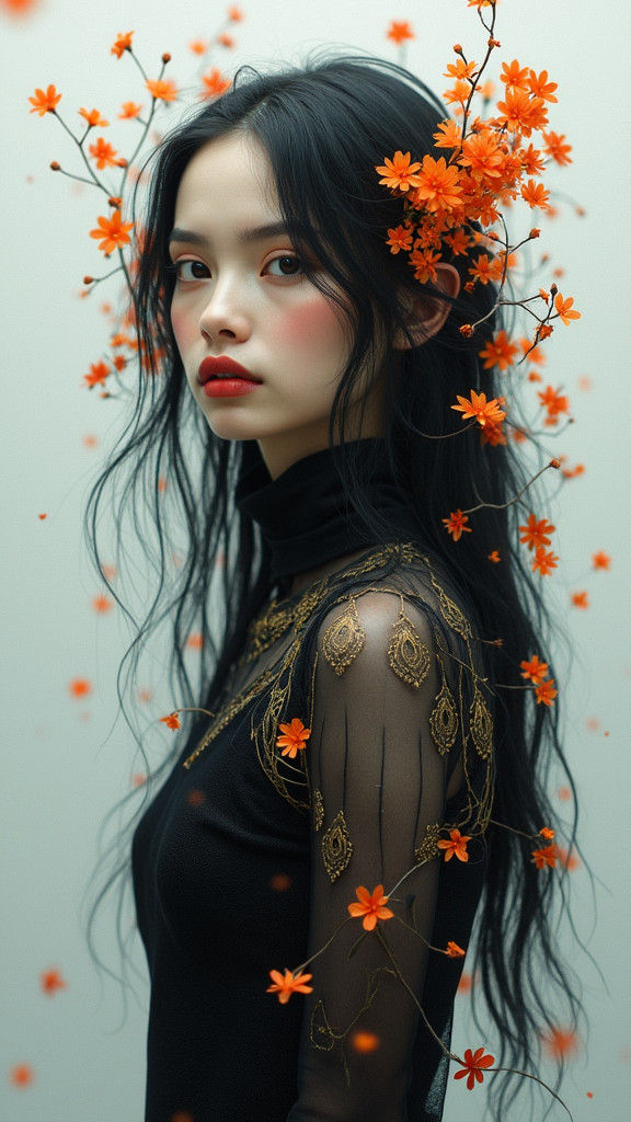Ethereal Woman with Blossoms in Hyper-Realistic Style