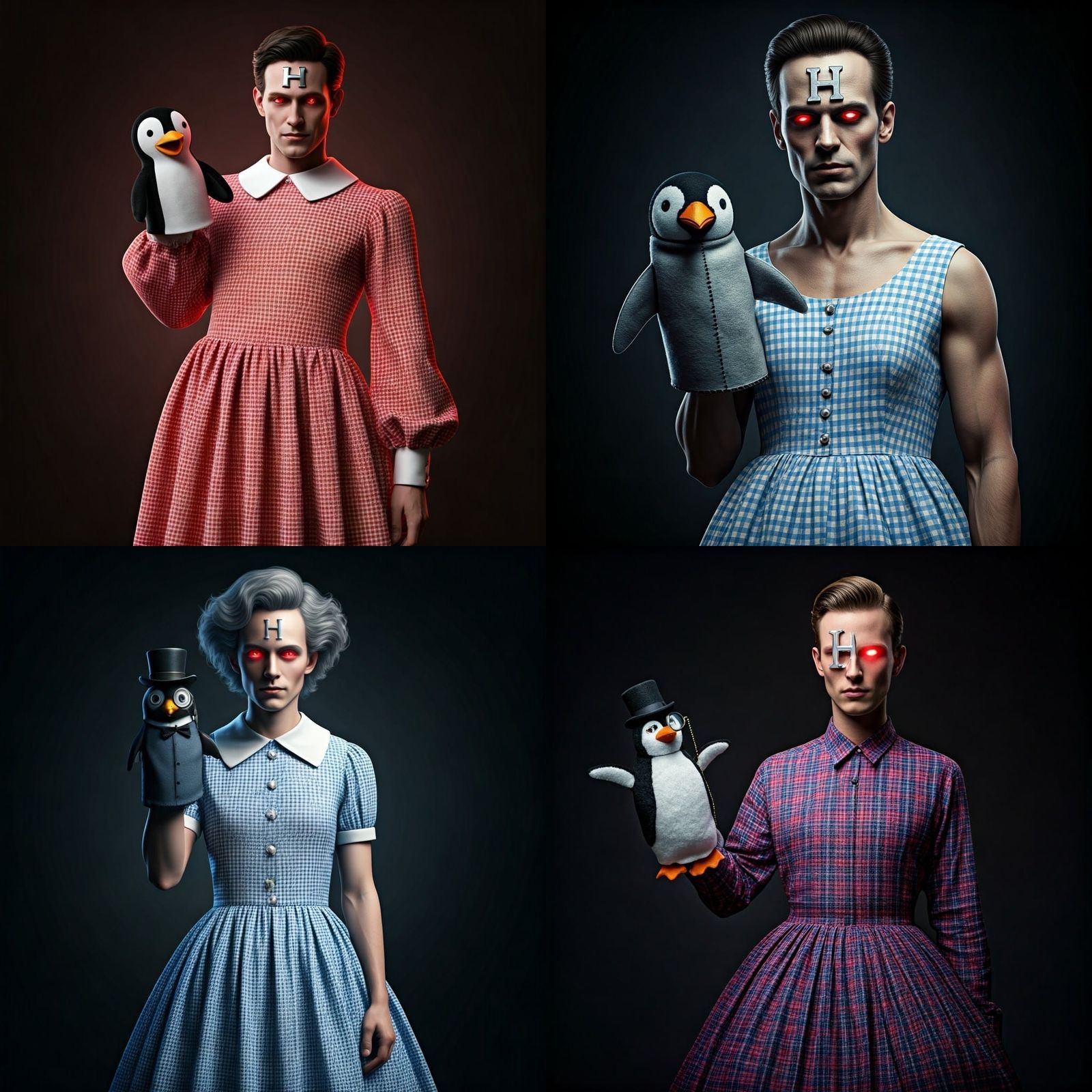 Mysterious Figure in Gingham Attire with Penguin Companion a...