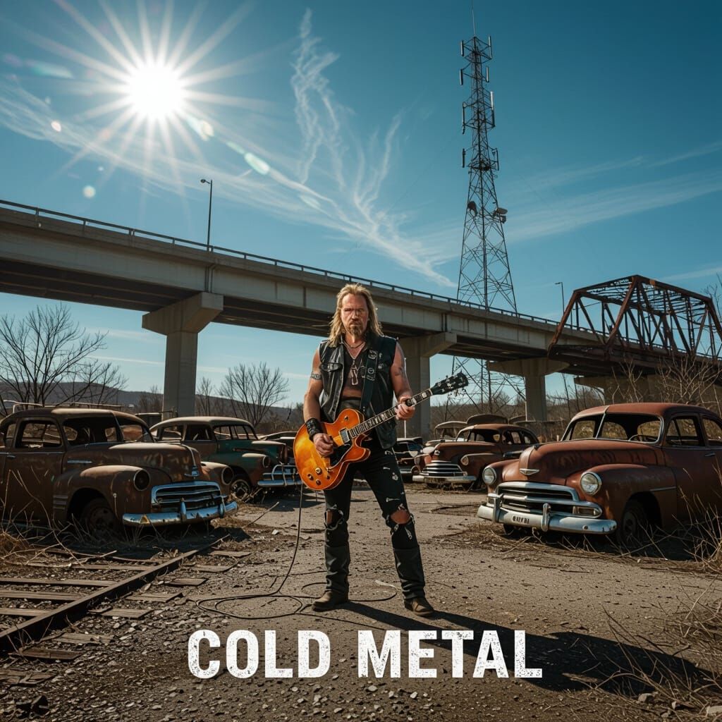 Musician in Auto Graveyard, Cold Metal Aesthetic