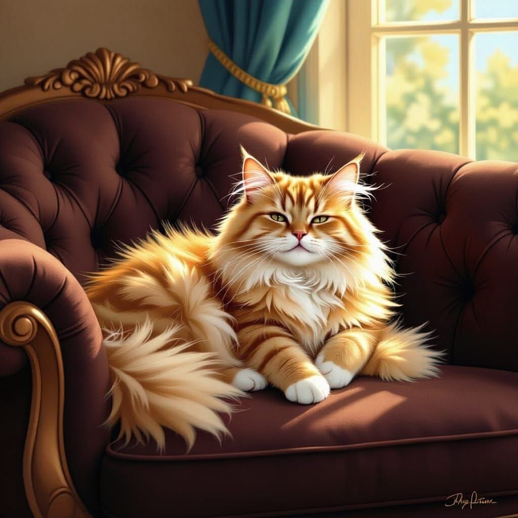 Peach Cat Relaxing on a Cozy Couch