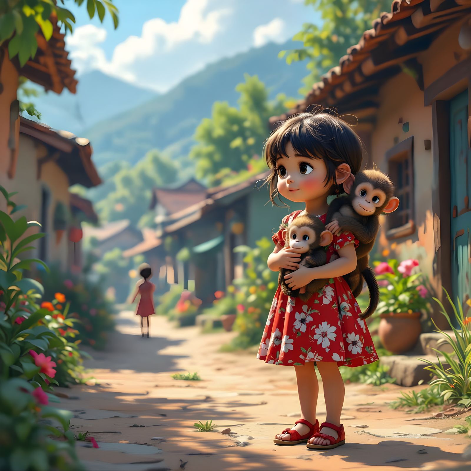 Girl with Monkey in Village: 3D Cartoon Character