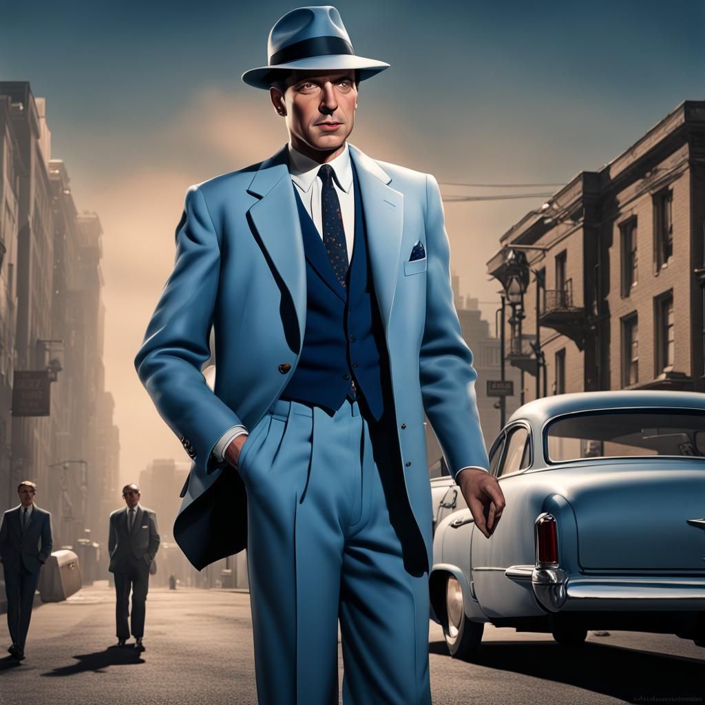 Hyperrealistic Portrait of Detective in Powder Blue Suit