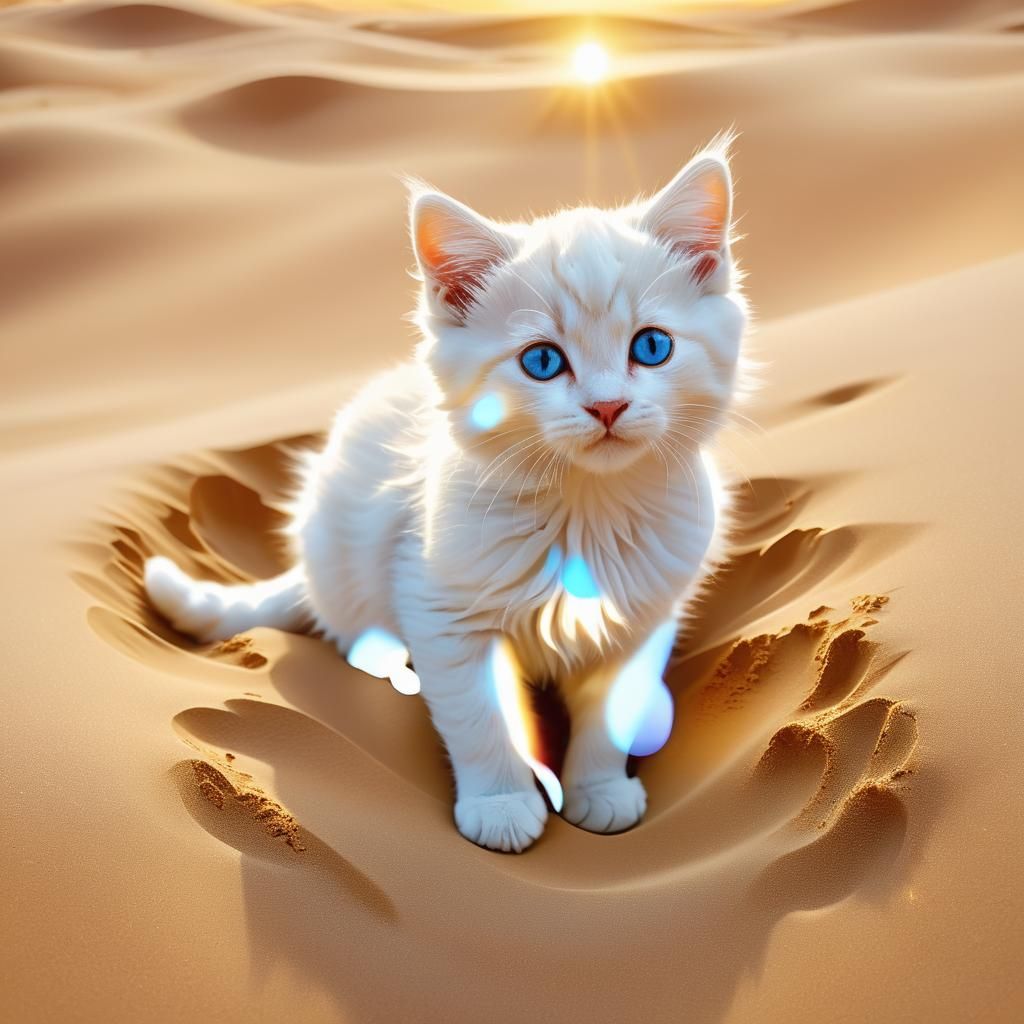 Sad Kitty in Desert Sand: Whimsical Digital Art