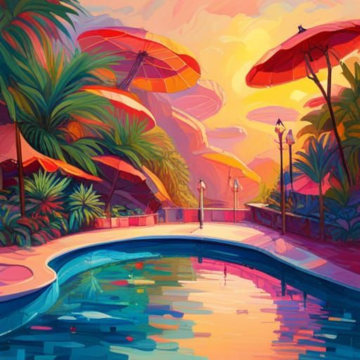 Dragonfly at Tropical Pool in Splash Ink Art Style