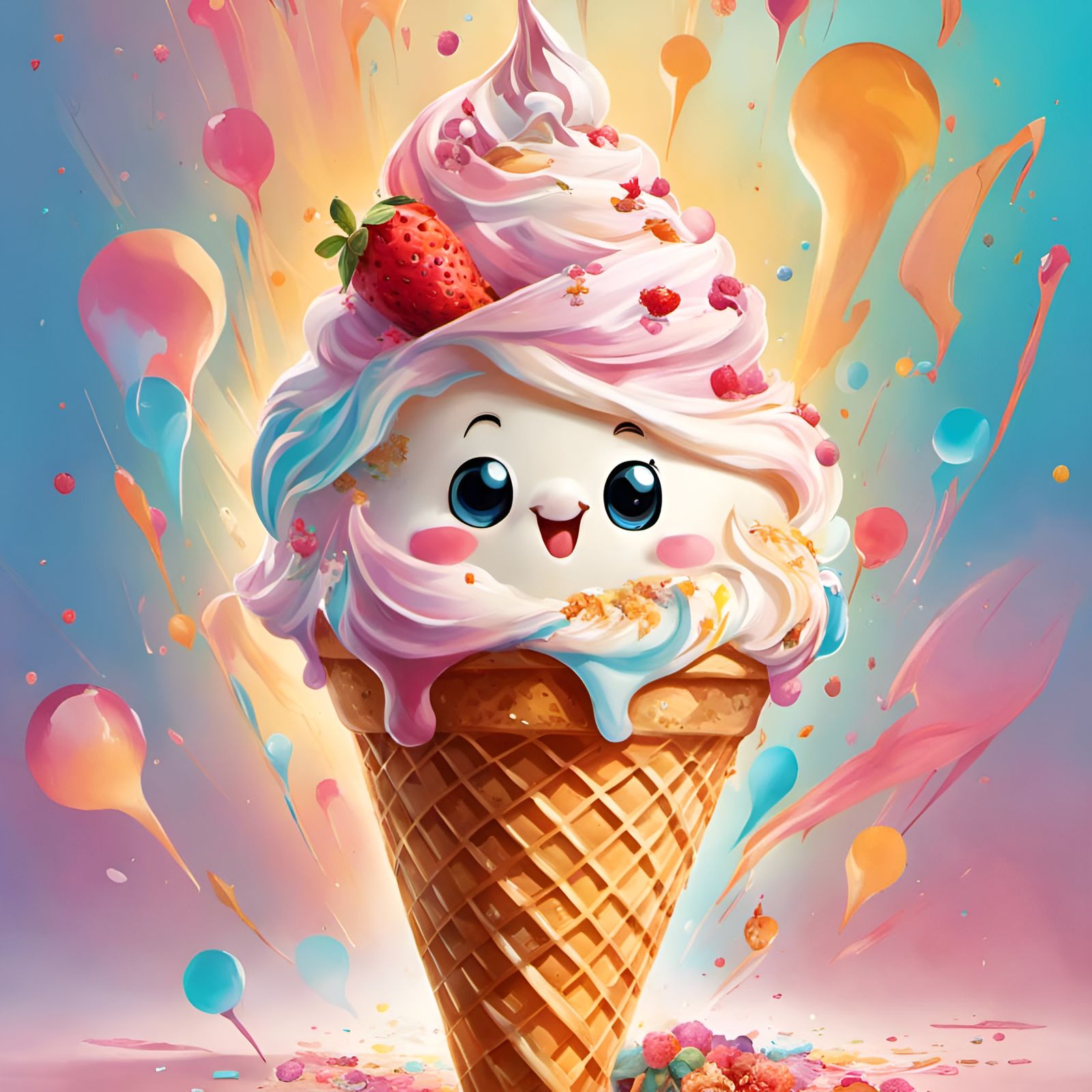 Happy Ice Cream Cone Portrait, Digital Art