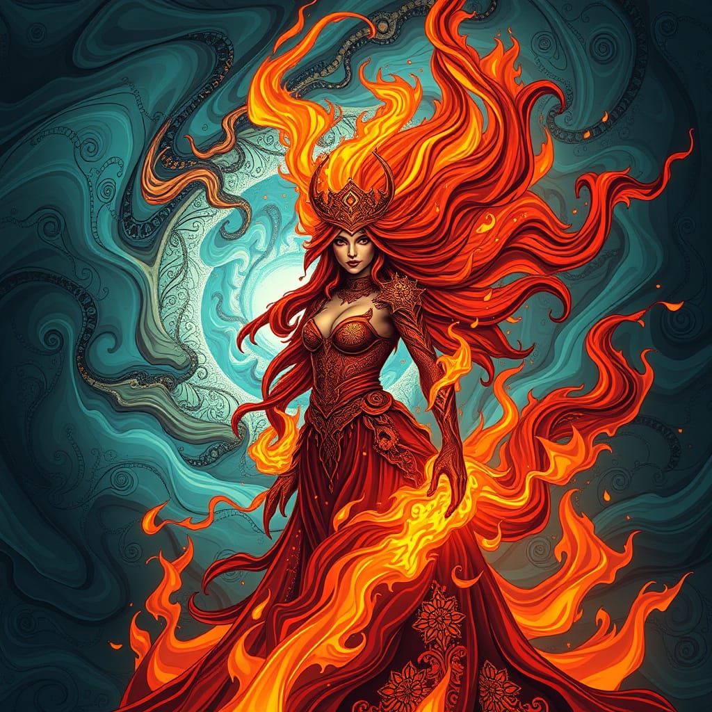 Digital Fire Goddess Amidst Swirling Flames and Fractals