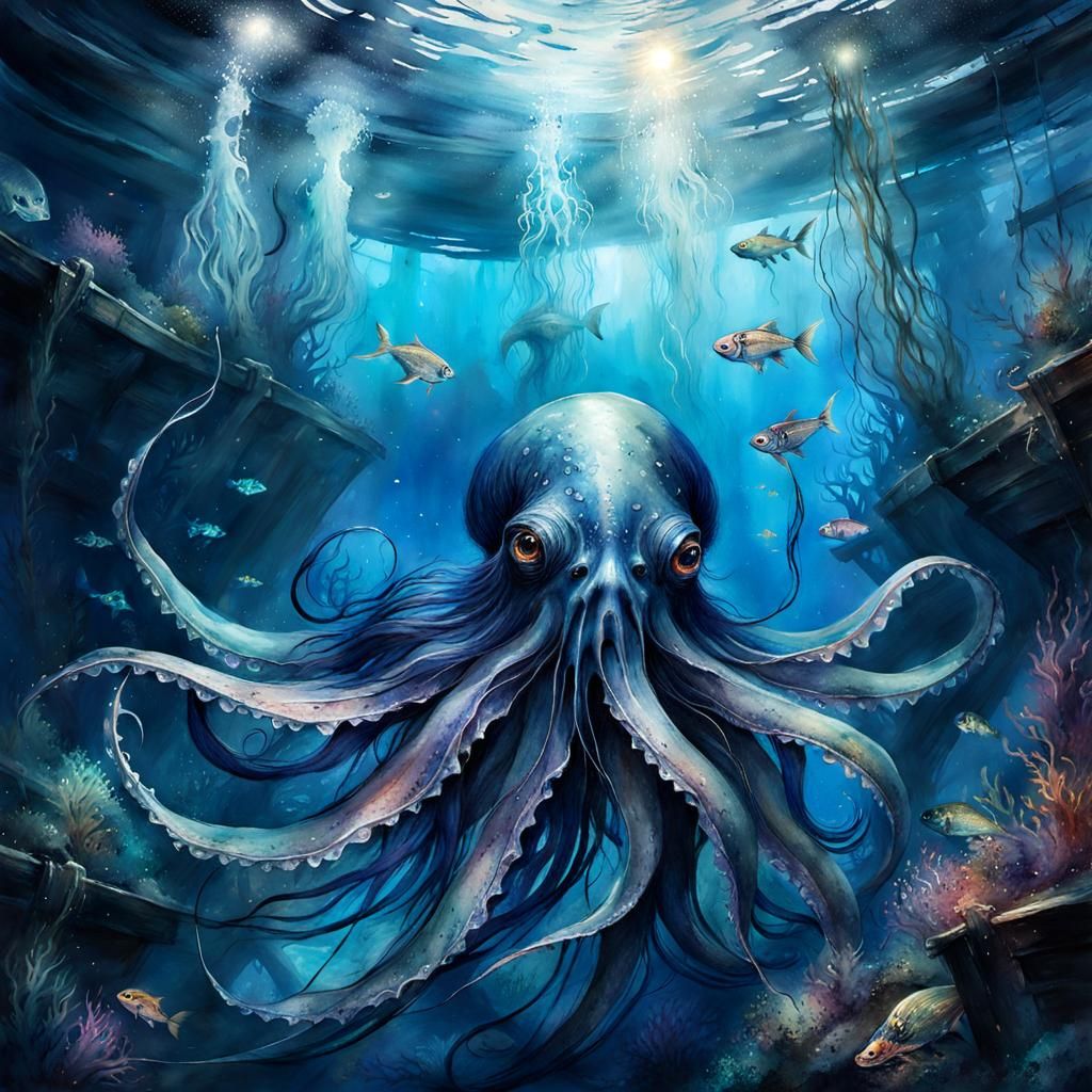 Horrifying Giant Squid in Eerie Deep-Sea Scene