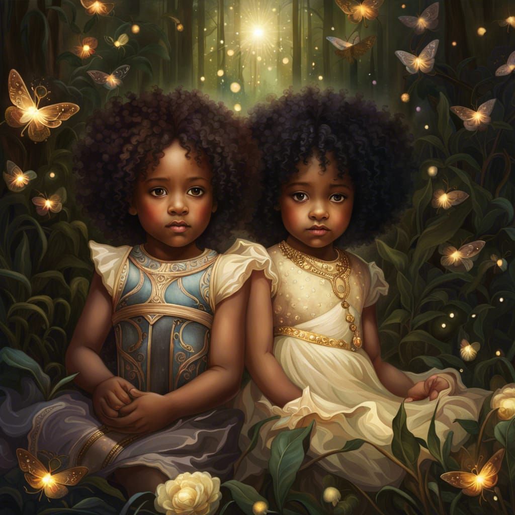 Ornate Portrait of Black Toddler Siblings in Dark Fantasy St...
