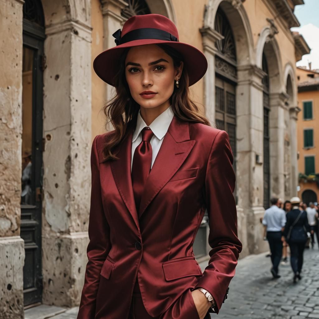 Elegant Italian Woman in Red Satin Suit
