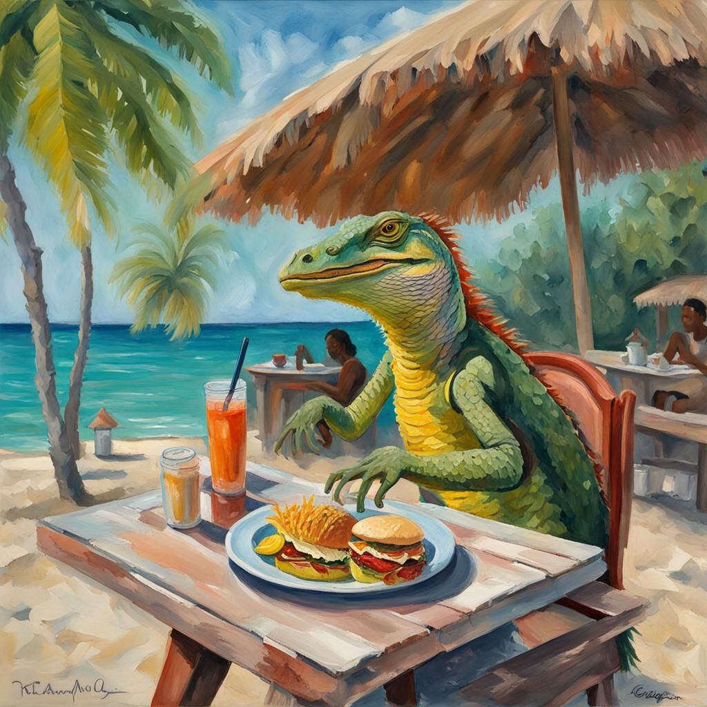 Lizard Lunch in Haiti: Gouache Impressionist Masterpiece