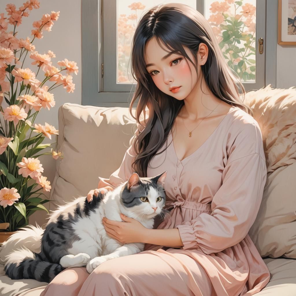 Woman with Cat in Manga Style