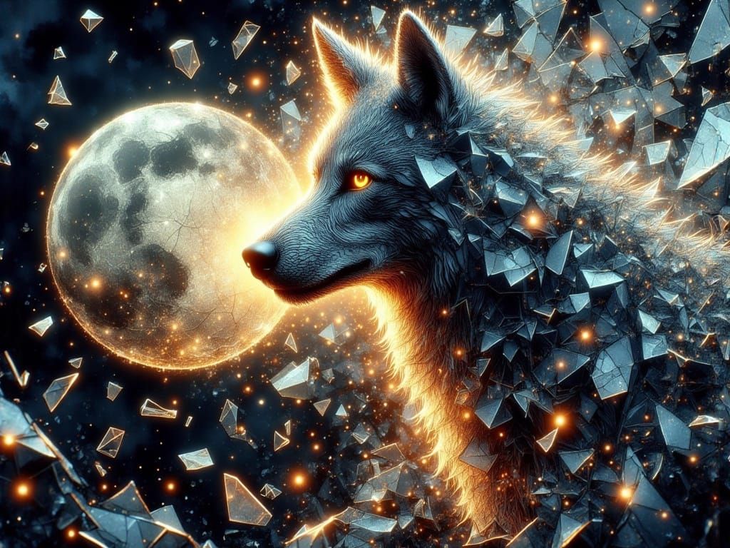 Shattered Wolf in Digital Ink and Cracked Glass