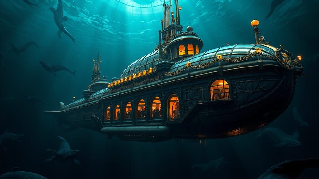 Steampunk Submarine in Dark Ocean Depths
