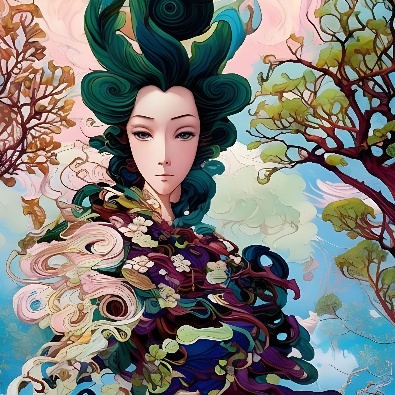 Lush Tree with Swirling Leaves: Anime Key Visual