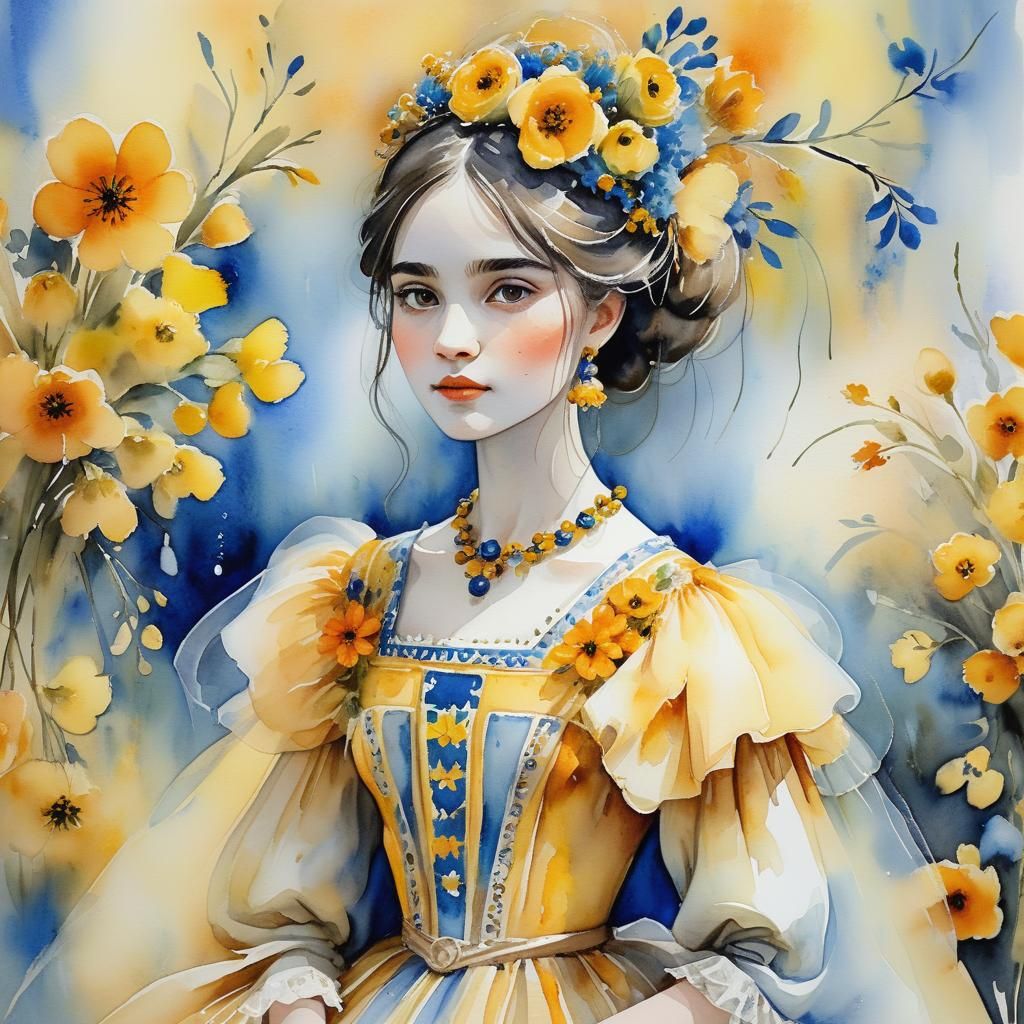 Whimsical Watercolor Girl in Yellow Flower Dress