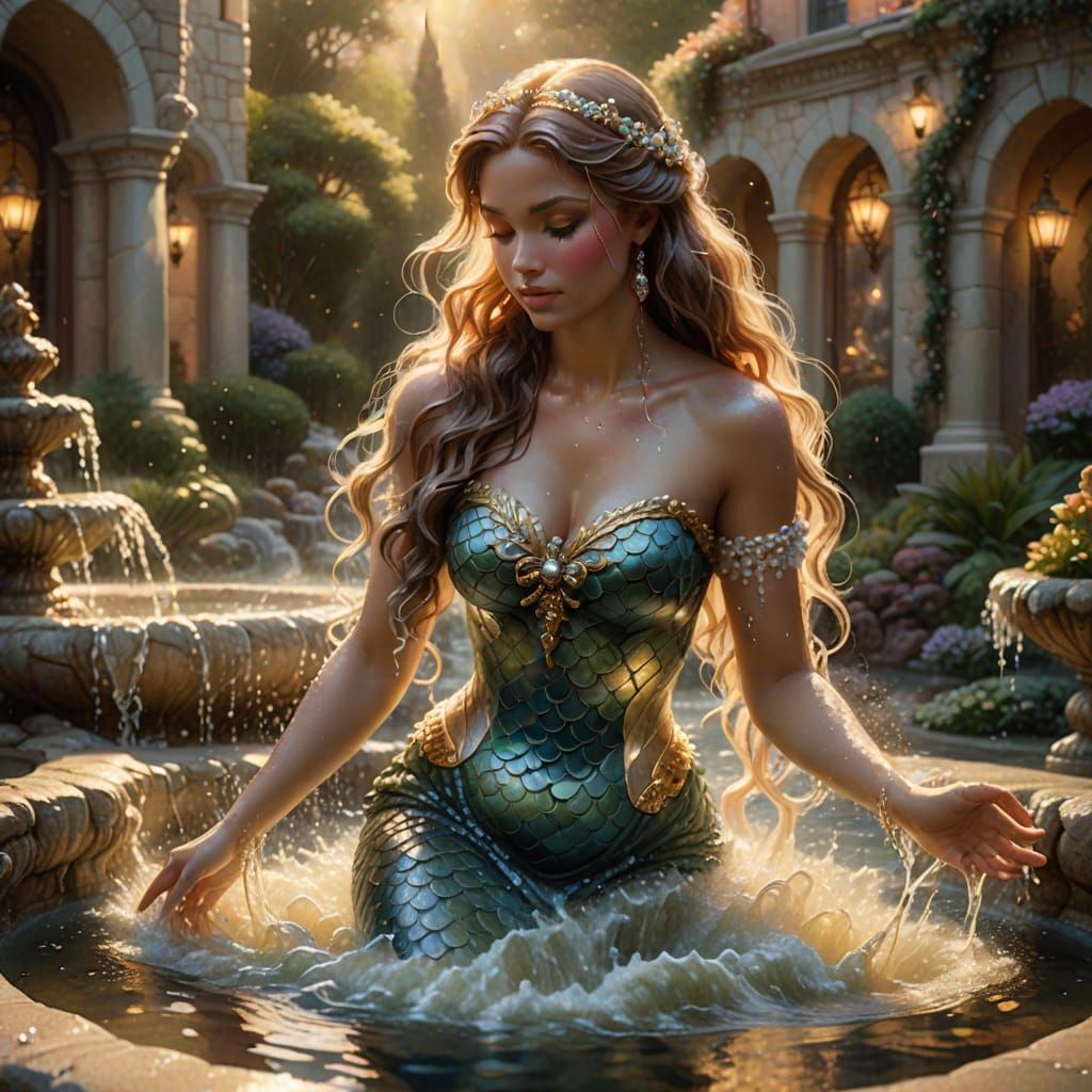 Mermaid in Stone Fountain in Thomas Kinkade Style