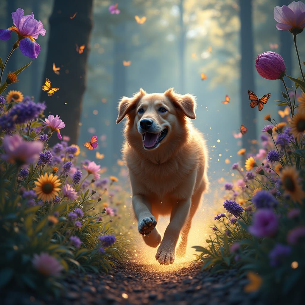 Majestic Dog Chases Glowing Ball in Vibrant Whimsical Forest