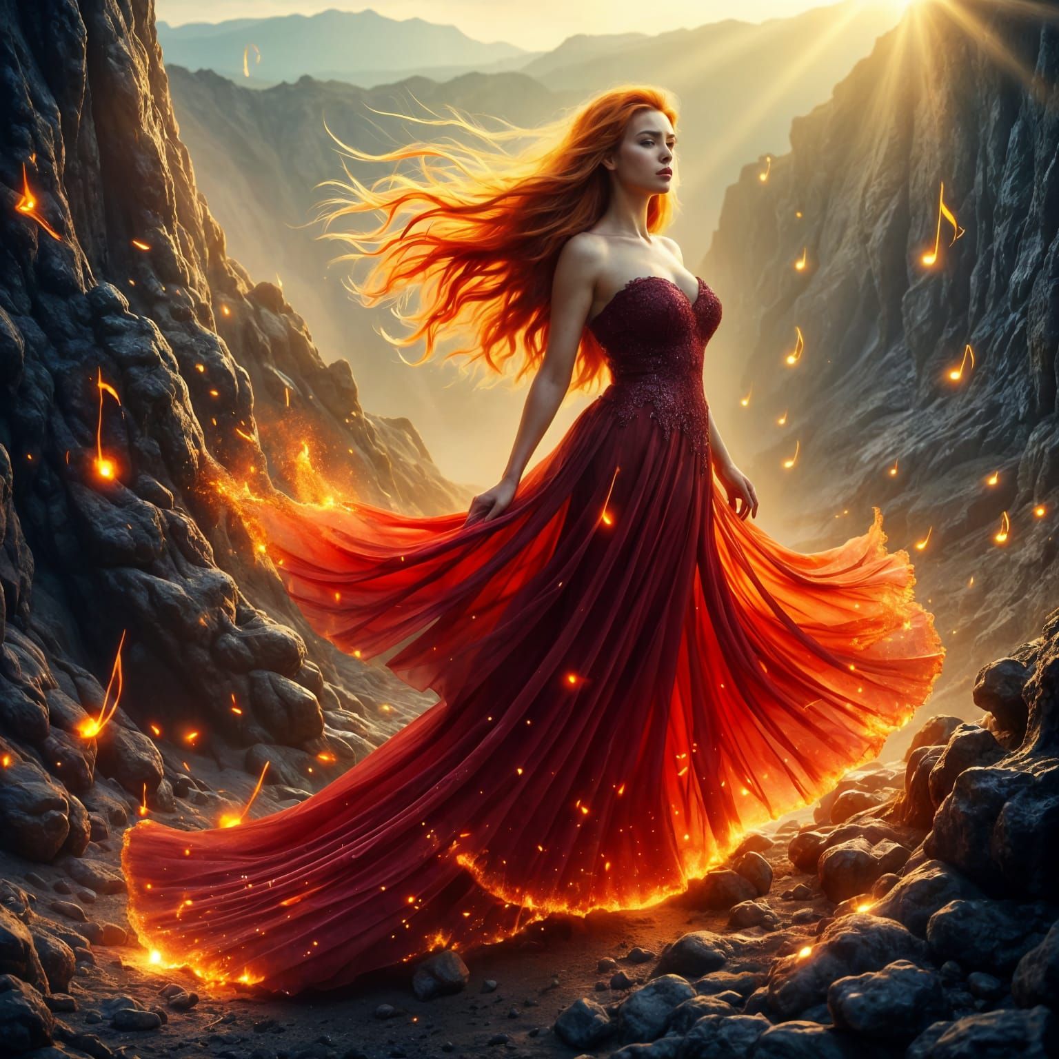 Surreal Red-Haired Woman Defies Gravity in a Maelstrom of Co...