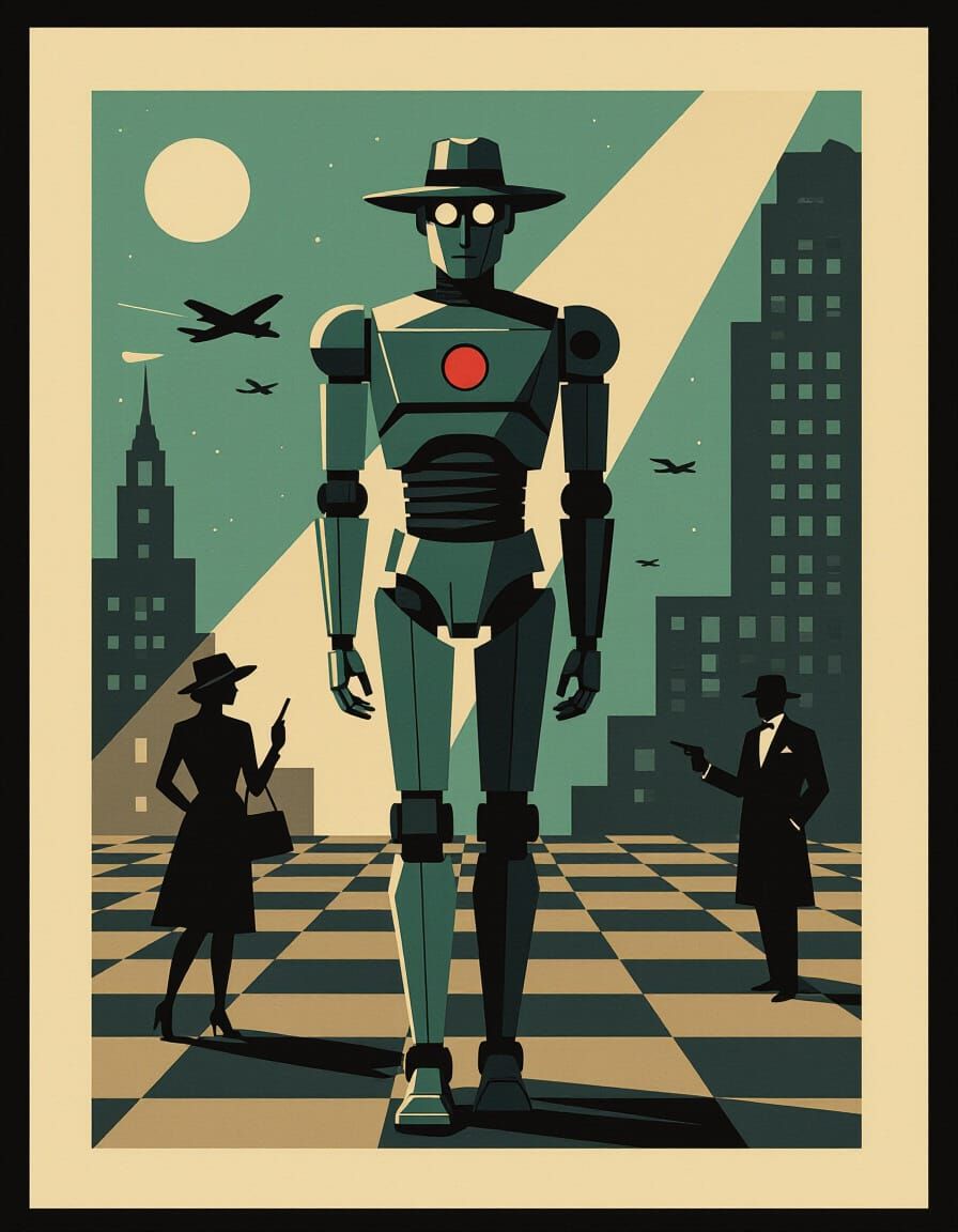Art Deco Noir Robot Detective in Retro Style