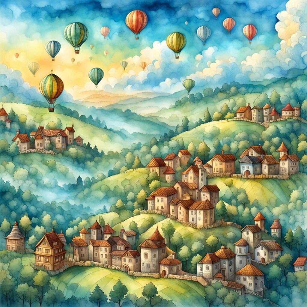 Whimsical Fantasy Village with Hot Air Balloons