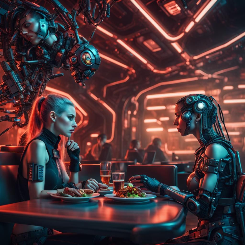 Cyberpunk Girl and Cyborg Dinner in Futuristic Restaurant