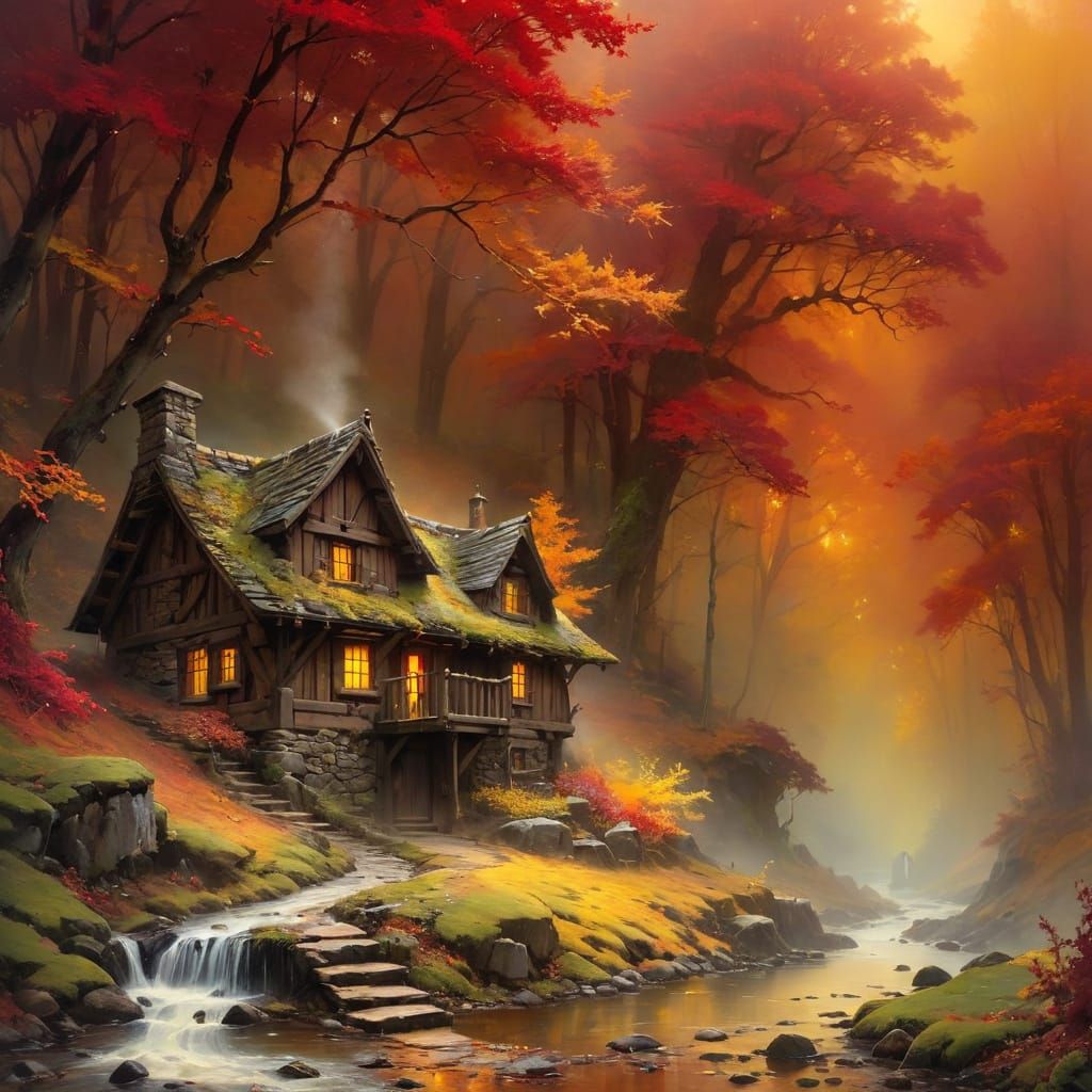 Whimsical Medieval Cottage in a Misty Autumnal Landscape