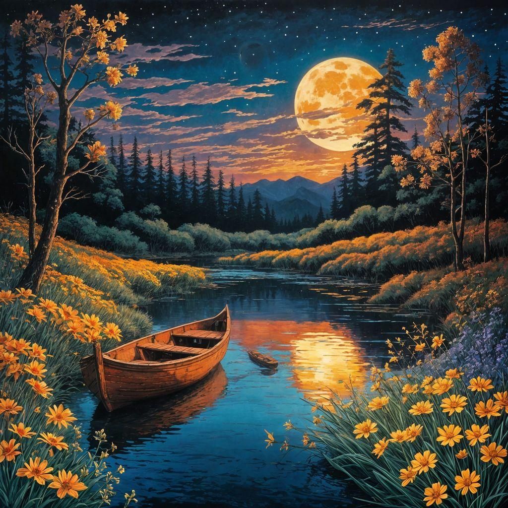 Mystical Riverscape at Twilight in Color Print Style