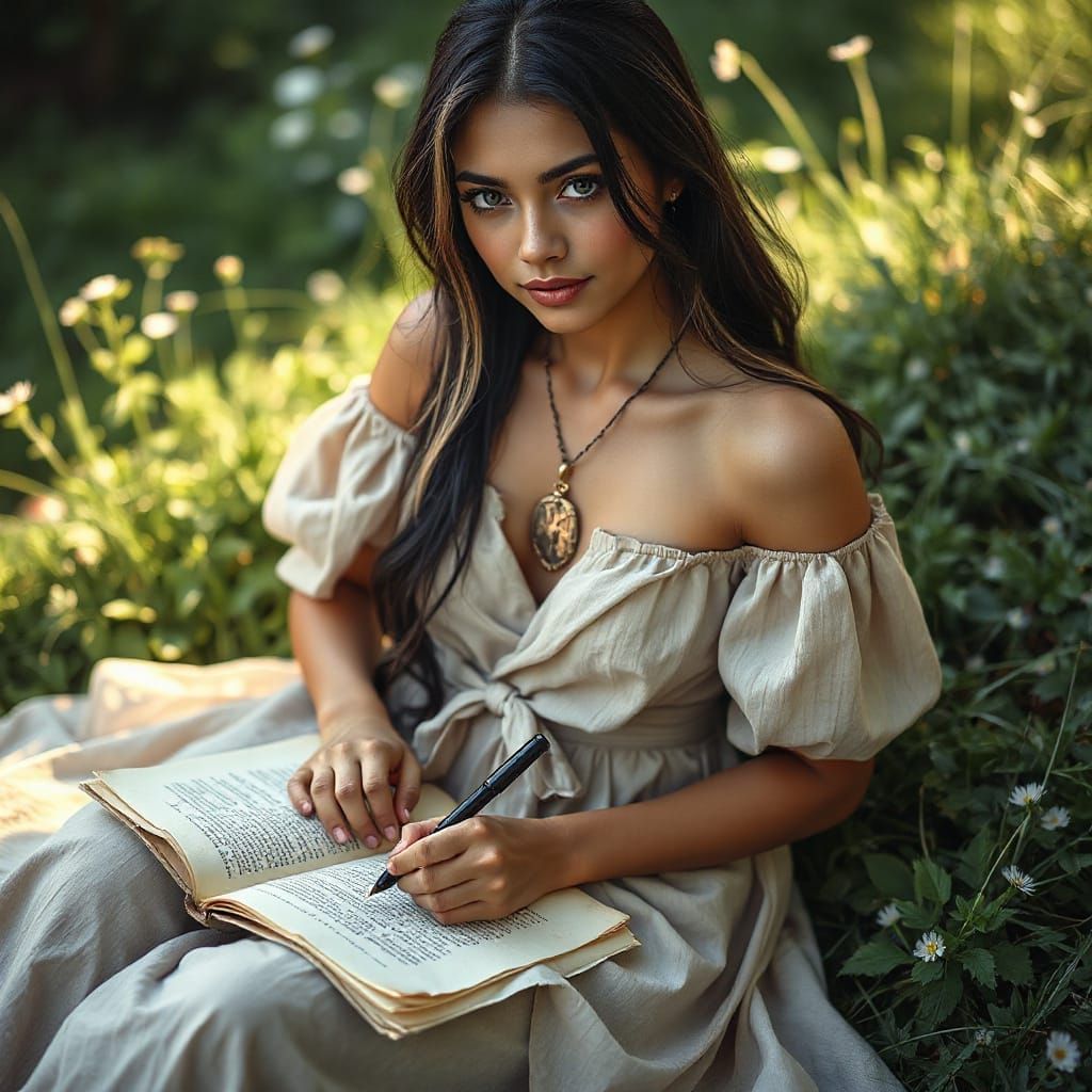 Latina Woman Writing in Wildflower Meadow