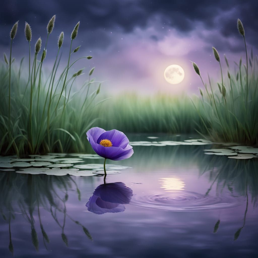 Purple Poppy on Moonlit Pond Digital Painting