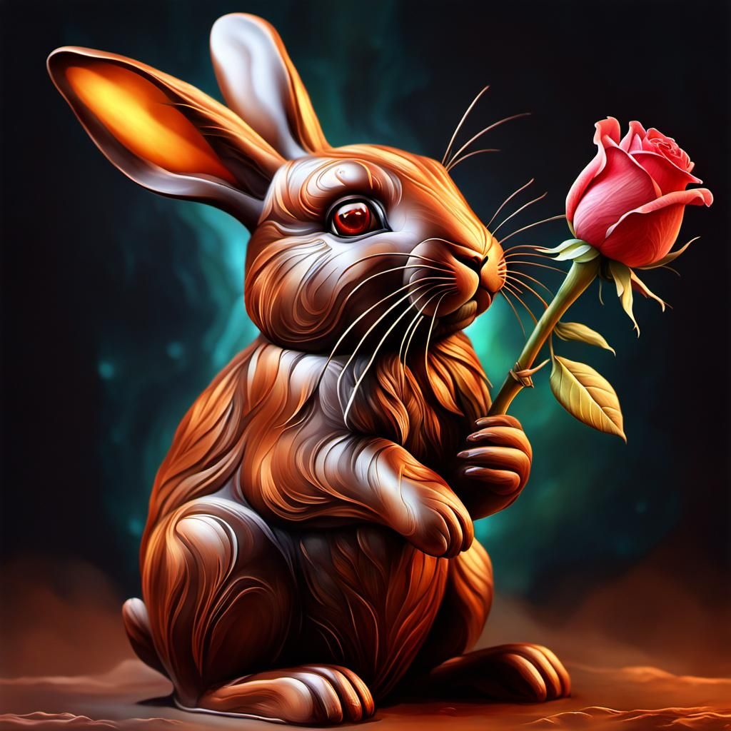 A chocolate bunny and beautiful rose