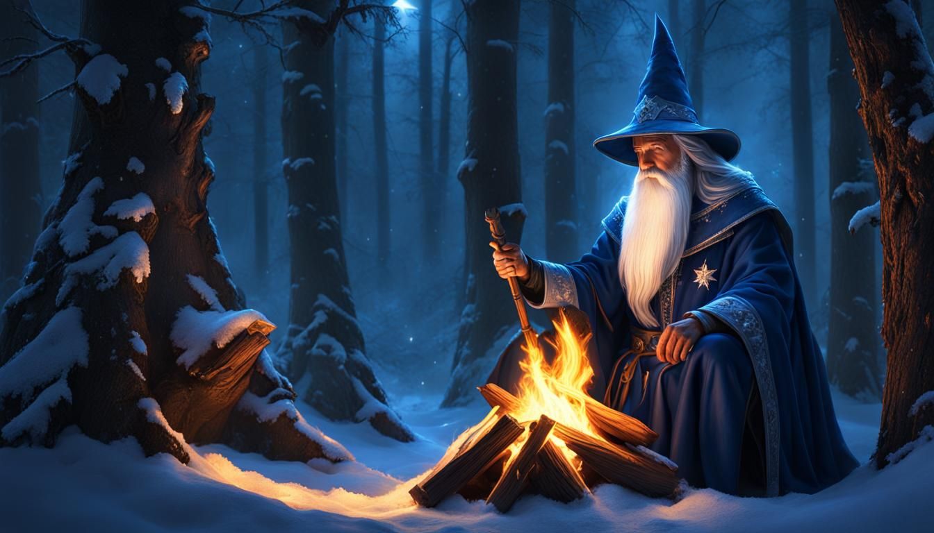 Wizard by Campfire in Snowy Forest: Dark Fantasy Art