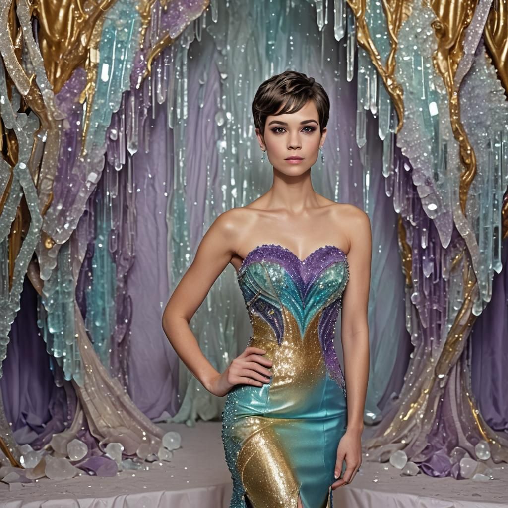 Woman in Crystal Dress in Ballroom, Hyperrealistic