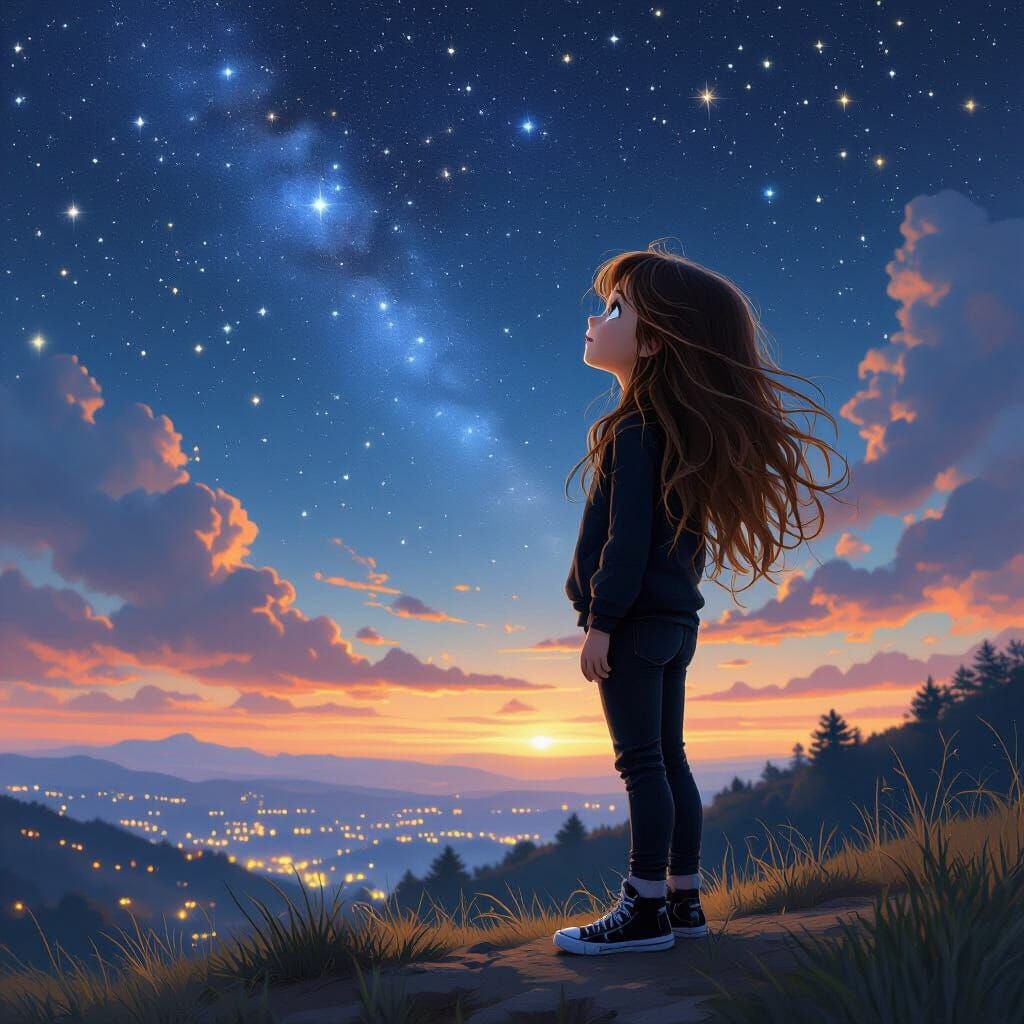 Girl Gazing at Starry Sky in Matte Painting Style