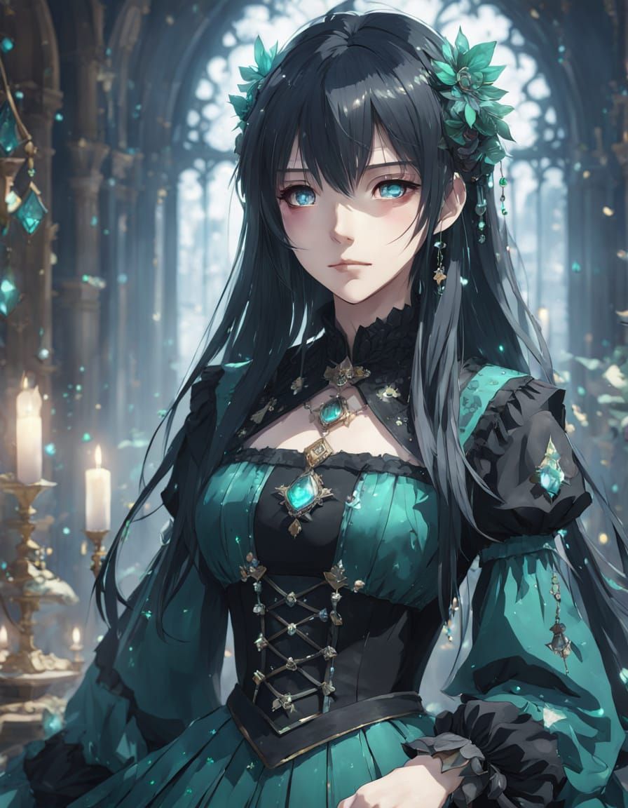 Anime Gothic Princess with Emeralds, Watercolor Style