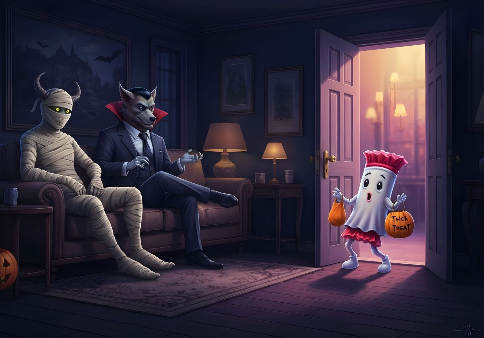 Monsters Baffled by Candy Bar Ghost on Halloween