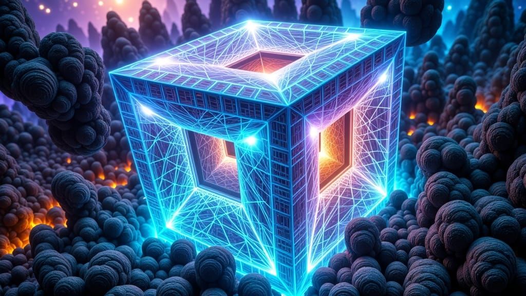 Surreal Hypercube Portals in a Radiant, Ethereal Background