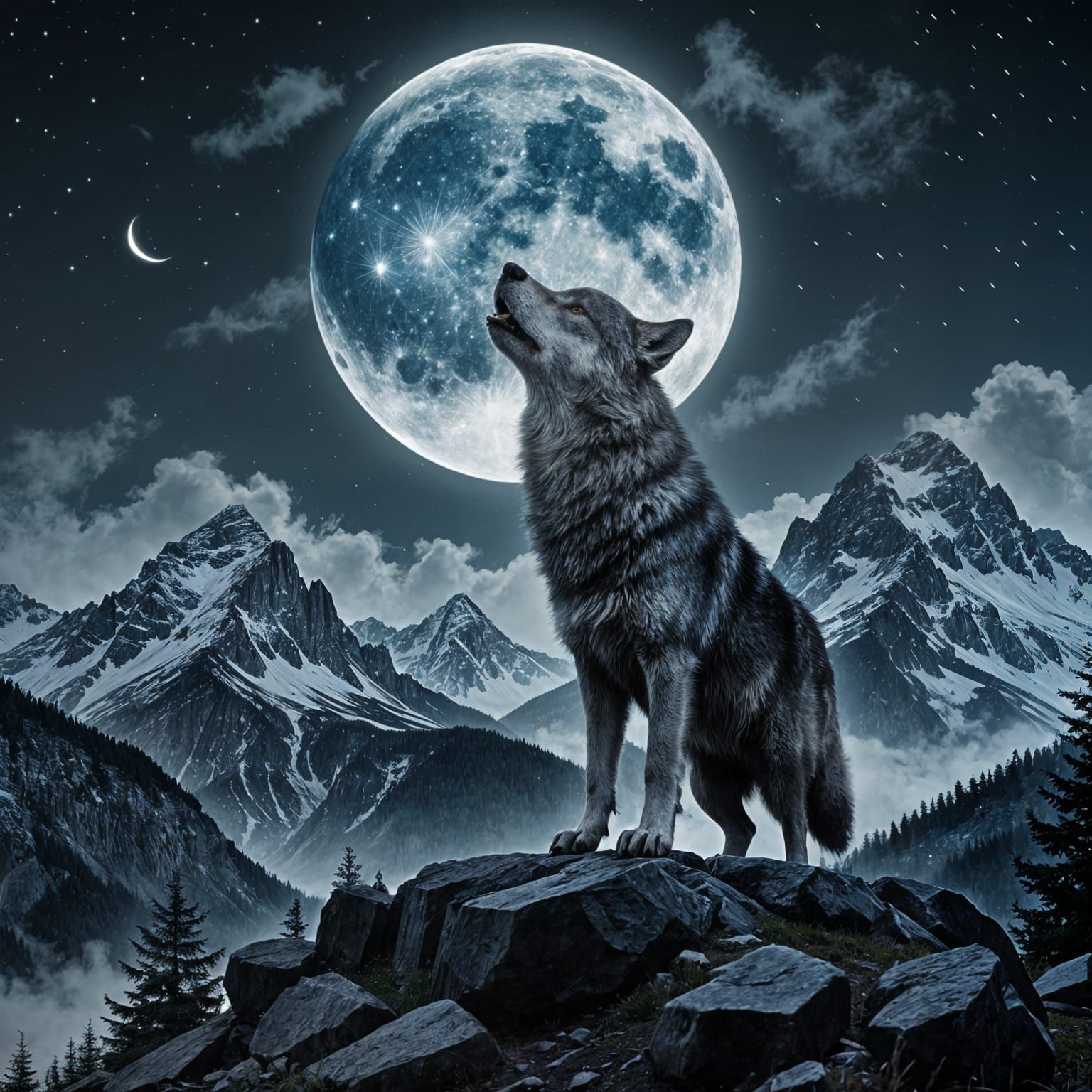 Wolf under a Full Moon in a Gothic Idyllic Landscape