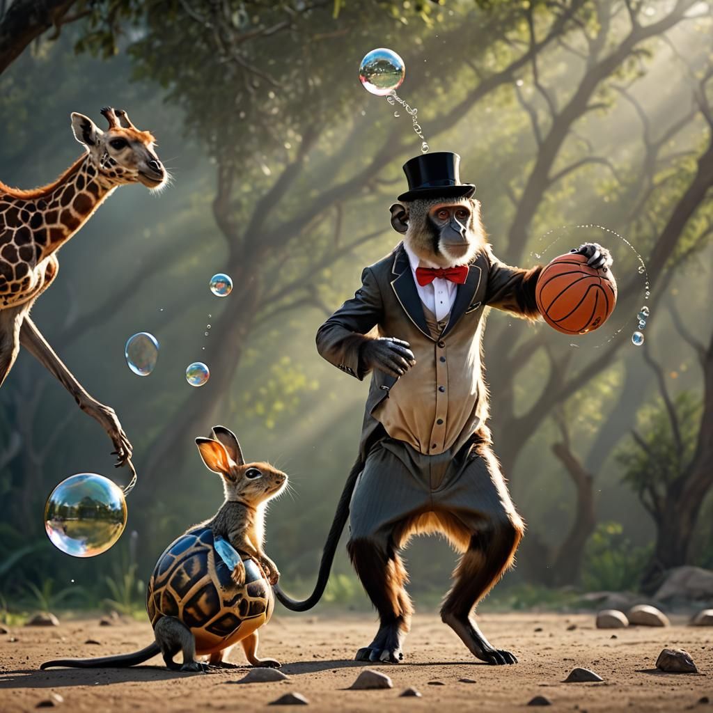 Monkey Plays Basketball as Rabbit Judges: Wildlife Photograp...