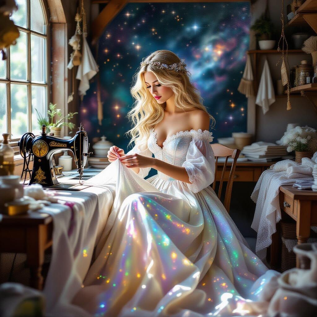Celestial Seamstress Weaving Gowns from Moonlight