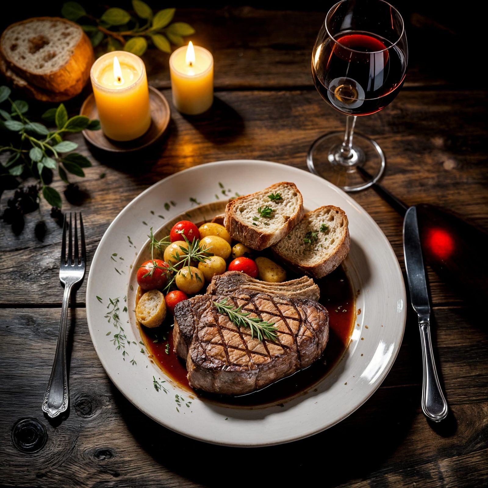 Hyper-Realistic Gourmet Dinner on Rustic Table
