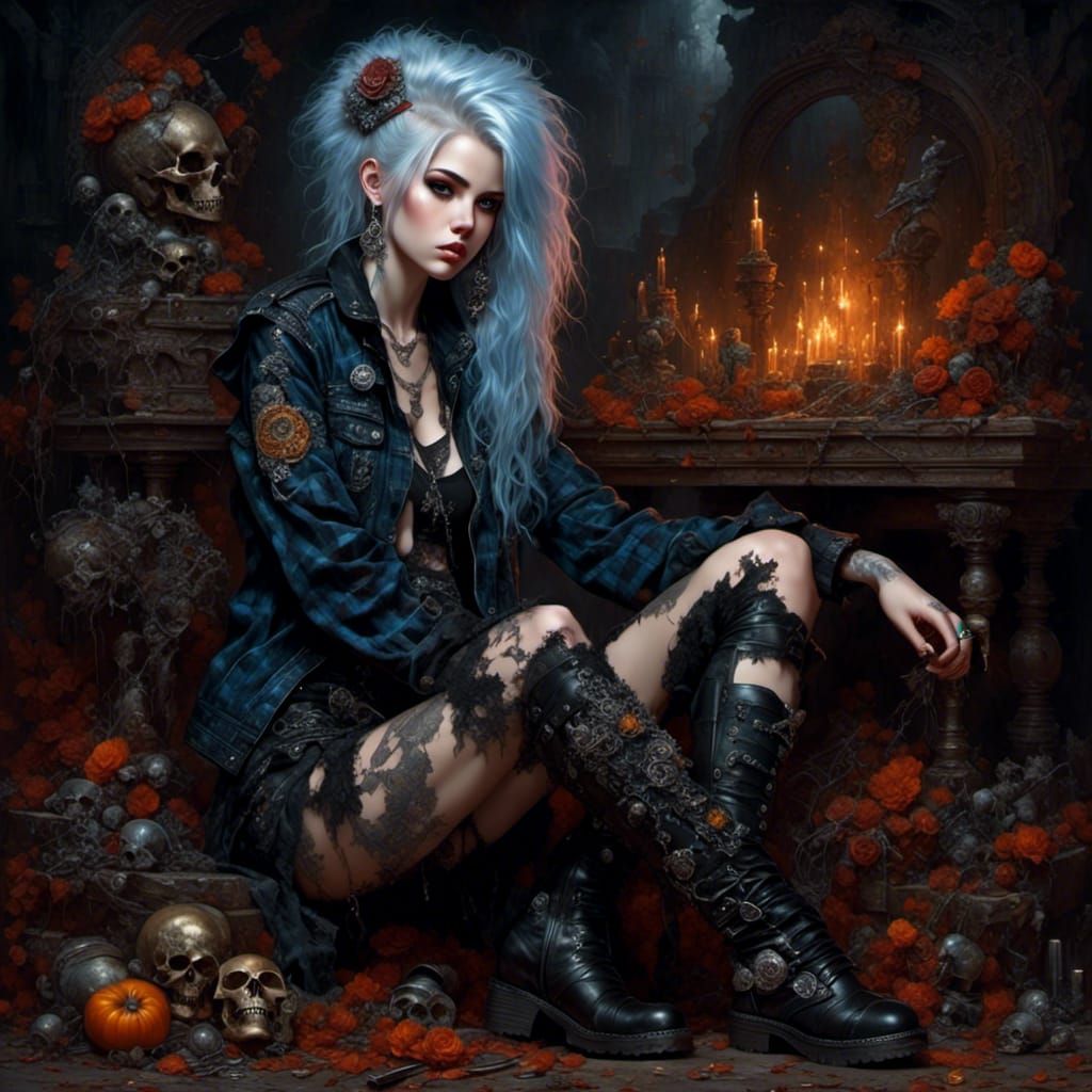 Grunge Rocker Girl Portrait in Oil Painting Style