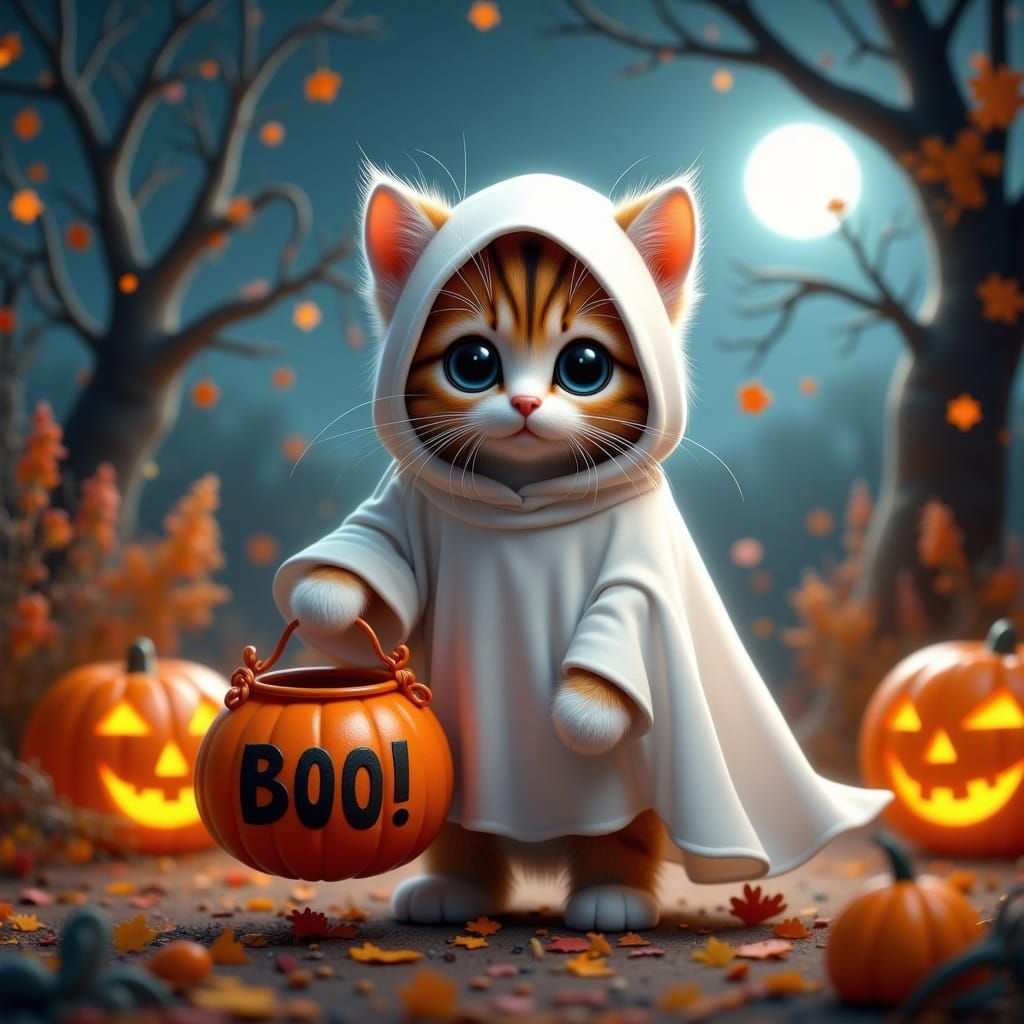 Halloween Kitten in Ghost Costume Digital Painting