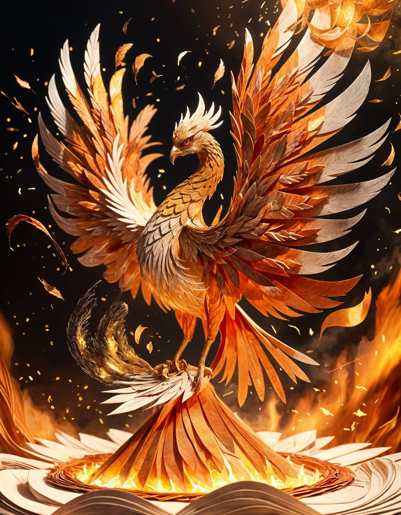 Origami Phoenix Rising from Paper Volcano