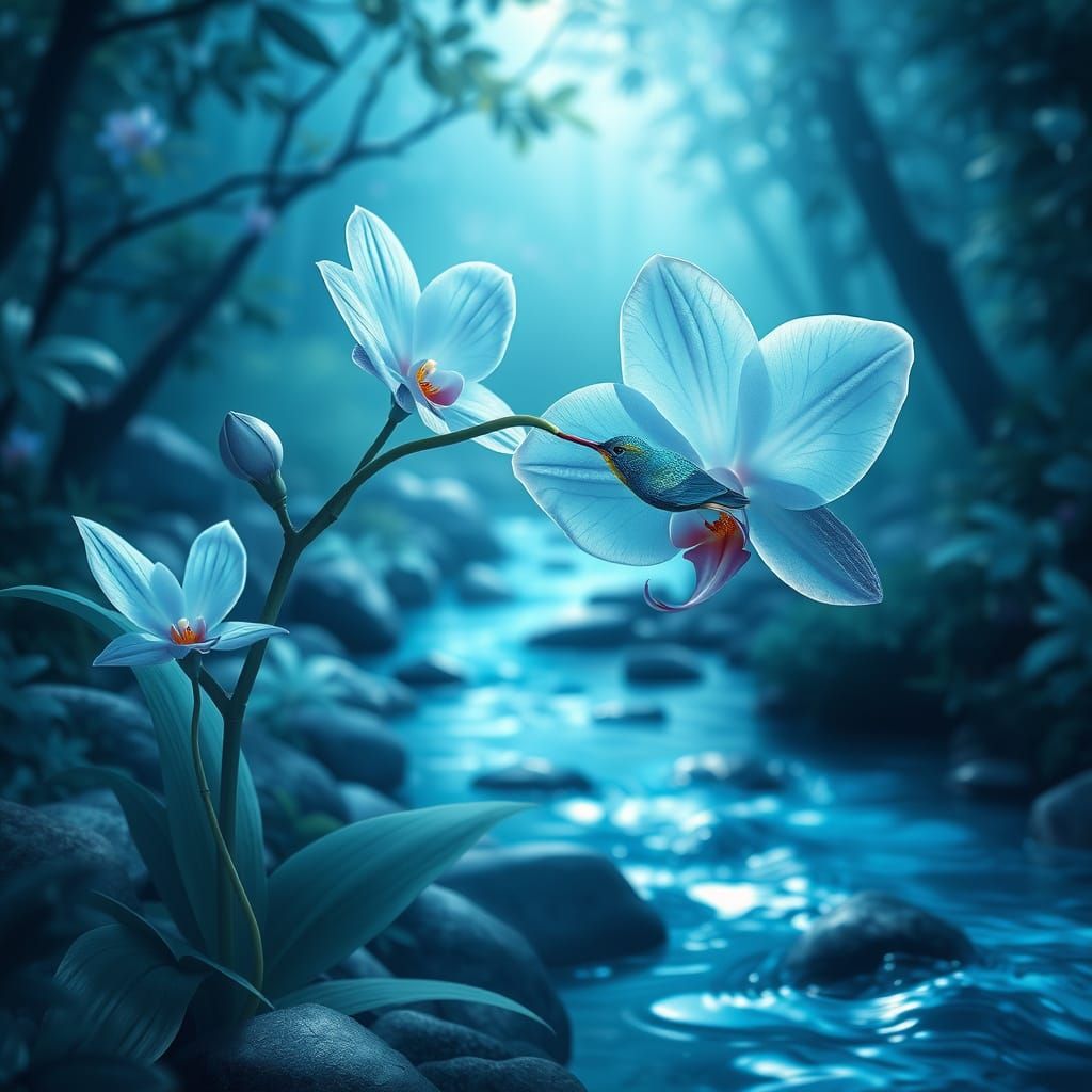 Blue Orchid in Blue Forest with Blue Hummingbird
