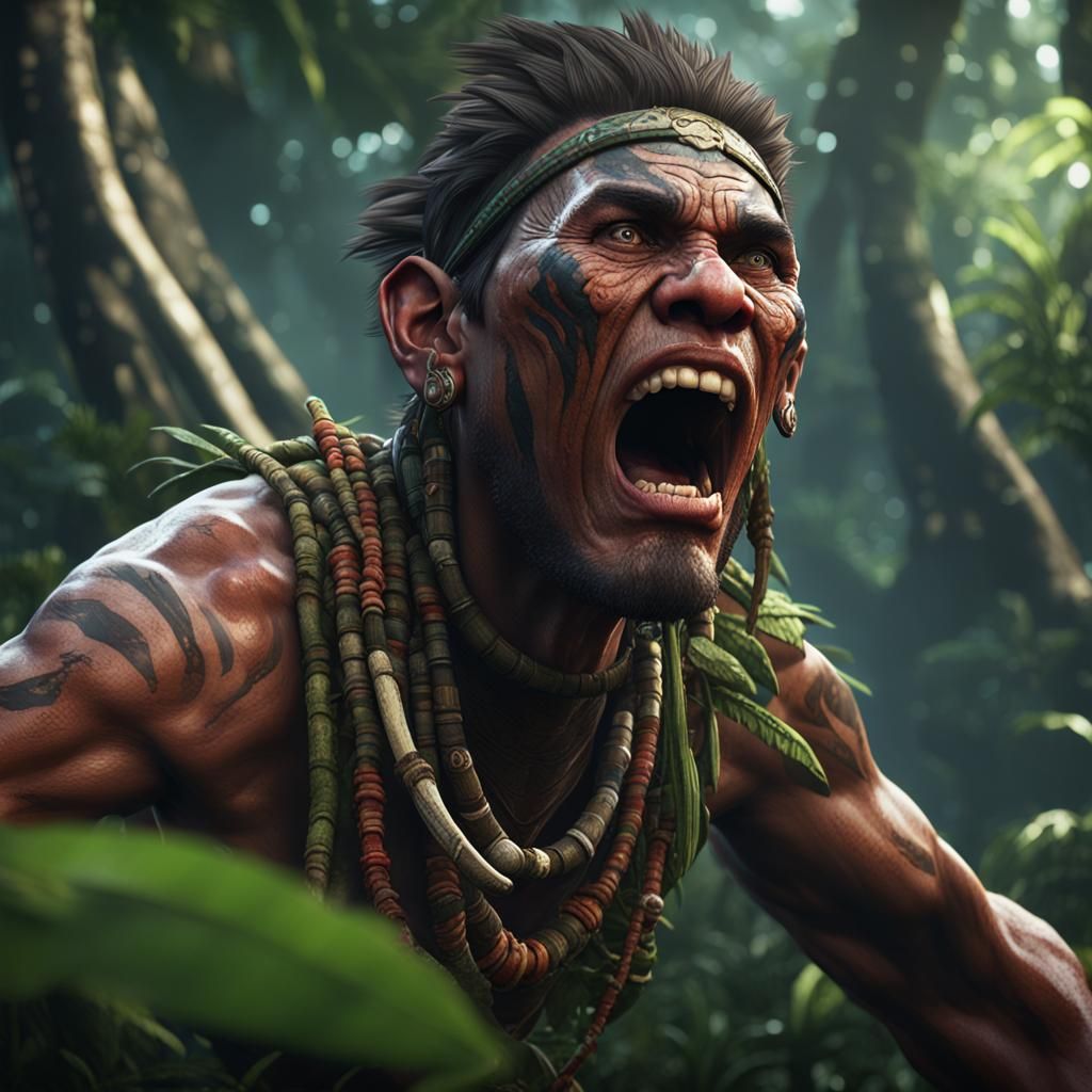 Tribal Person Shouting in Jungle: 3D Game Art