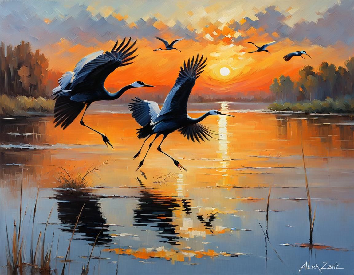 Cranes Flying Over Lake: Ethereal Alla Prima Oil Painting